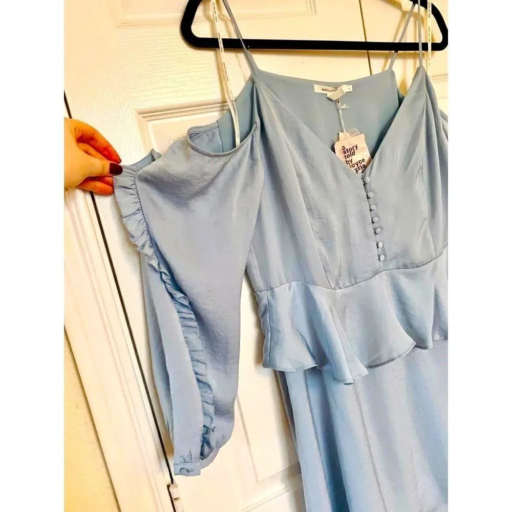 Avec Les Filles Y2K Cold Shoulder Midi Satin Dress Size L Long Sleeve‎ Ruffles